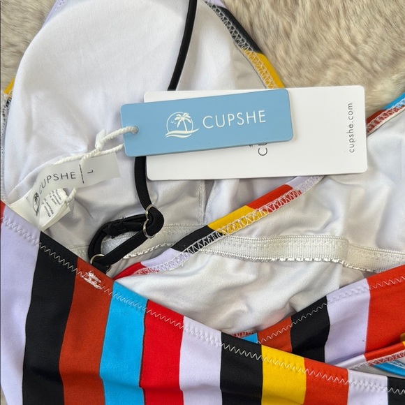 Cupshe | Multi Color Stripe Front Cross One Piece Swimsuit, Black Belt, NWT - Picture 4 of 11